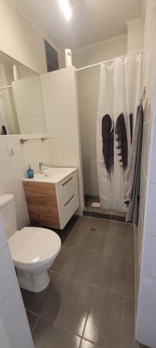 a bathroom with a toilet and a shower curtain at Apartamenty Aquarius - Formoza in Gdynia