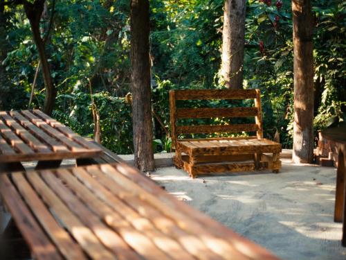 a wooden bench sitting in a park next to trees at Sanna Eco Lodge in Arusha