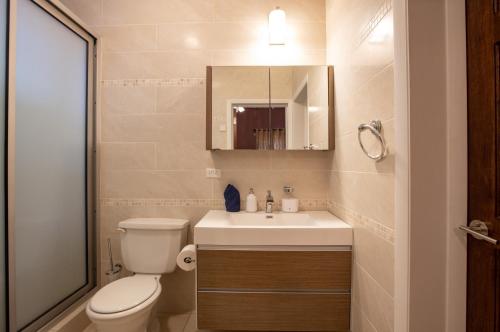 a bathroom with a toilet and a sink and a mirror at Reflection Y 5 Star Villa in Maho Reef