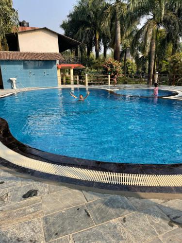 a person swimming in a large swimming pool at Chitwan Riverside Resort in Sauraha