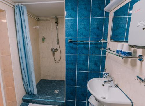 a bathroom with a shower and a toilet and a sink at Tampere Maja in Tartu