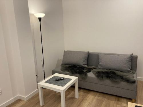 a living room with a couch with a table and a lamp at Apartament Centrum Szczytno II in Szczytno