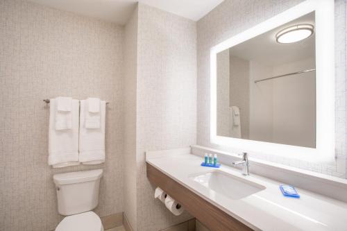a bathroom with a sink and a toilet and a mirror at Holiday Inn Express & Suites Owings Mills-Baltimore Area by IHG in Owings Mills