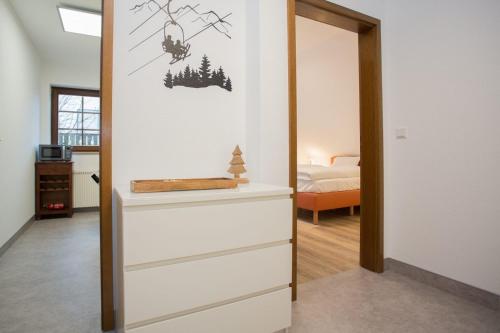 Habitación con espejo y tocador con dormitorio en Appartement - Zur Postwiese 15 Neuastenberg 'The Bear House' en Winterberg
