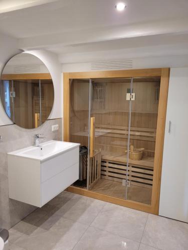 ein Badezimmer mit einem weißen Waschbecken und einer Dusche in der Unterkunft Apartment Südwesthörn in Emmelsbüll-Horsbüll