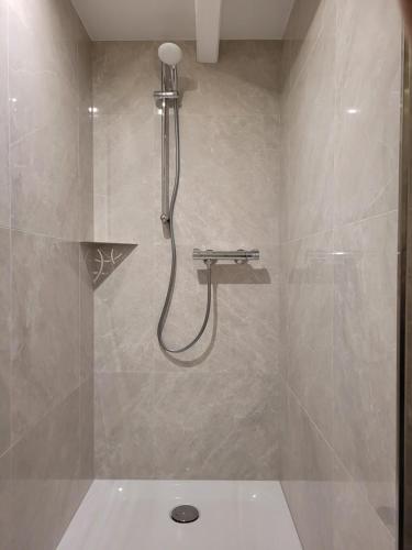 y baño con ducha con cabezal de ducha. en Apartment Südwesthörn, en Emmelsbüll-Horsbüll
