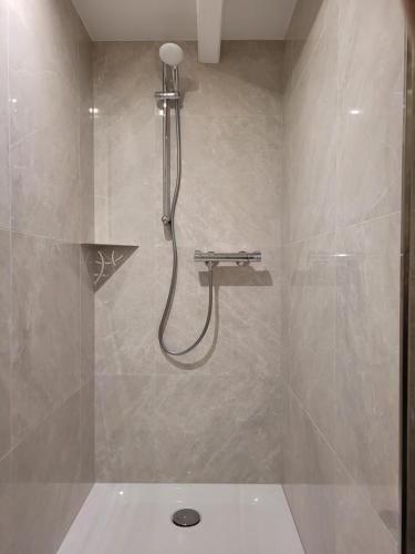 a shower with a shower head in a bathroom at Apartment Südwesthörn in Emmelsbüll-Horsbüll