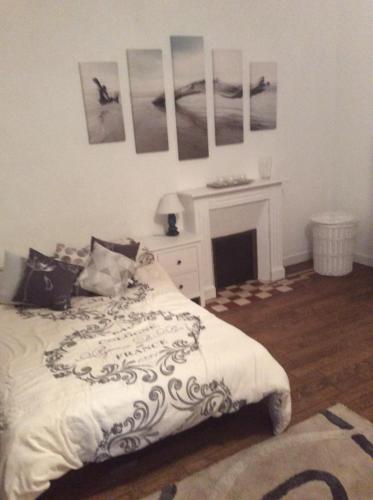 een slaapkamer met een bed met een open haard en foto's aan de muur bij Maison de Rêve in Notre-Dame-du-Touchet