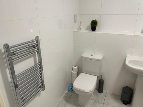 a white bathroom with a toilet and a sink at Queens Apartment - Lovely entire apartment in Sheffield