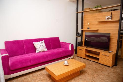 a living room with a purple couch and a tv at Ndaru Luxury Suites in Kigali