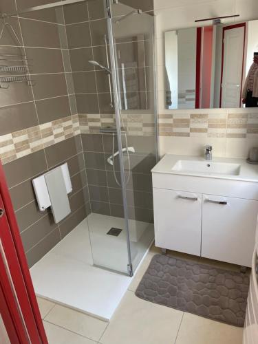 W łazience znajduje się prysznic i umywalka. w obiekcie Superbe appartement front de mer w mieście Luc-sur-Mer