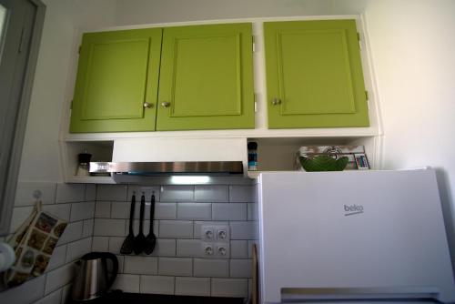 a kitchen with green cabinets and a white refrigerator at Nicola's Apartments in Kassiopi
