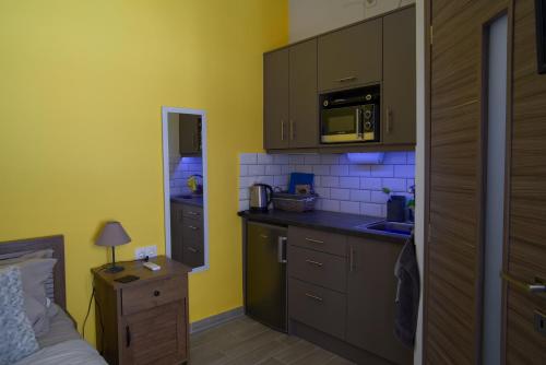a small kitchen with a sink and a microwave at Nicola's Apartments in Kassiopi