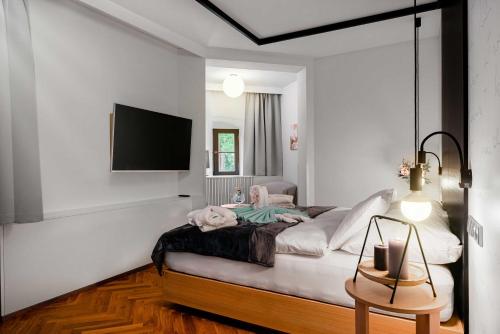 een slaapkamer met een bed en een flatscreen-tv bij Zámek Třešť in Třešť