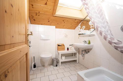 a bathroom with a sink and a toilet at Alphirt Ferienwohnungen in Fischen
