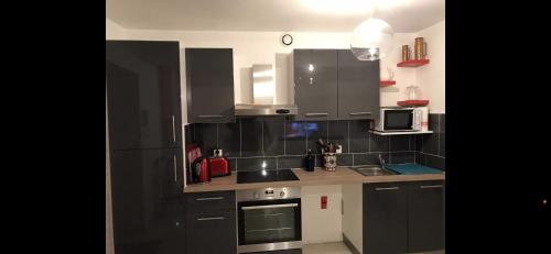 - une cuisine avec des armoires noires et un réfrigérateur noir dans l'établissement Appartement dans uns corps de ferme, à Follainville-Dennemont