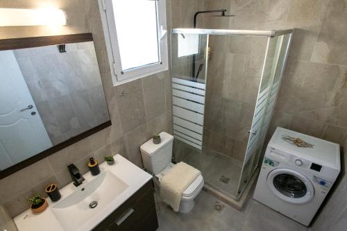 a bathroom with a toilet sink and a washing machine at Silvia's Apartments in Corfu Town