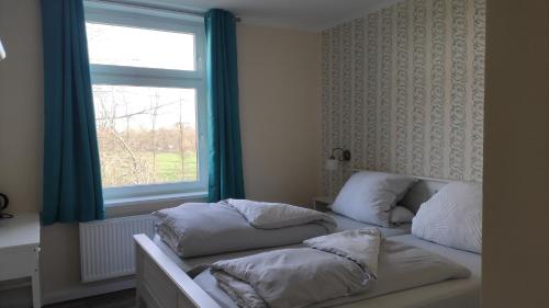 a bedroom with two beds and a window at Herrenhaus Schmölen in Bennewitz