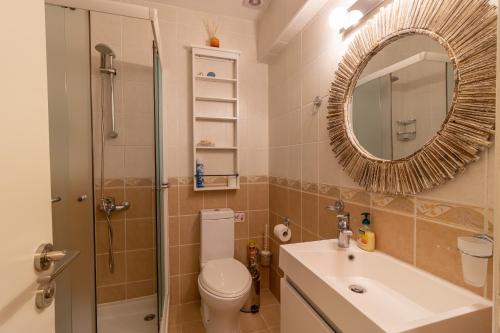 a bathroom with a toilet and a sink and a mirror at Sandy Beach Villa in Polis Chrysochous
