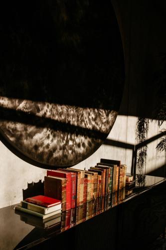 a shelf of books on a wall with a mirror at Flavia Hotel in Oaxaca City