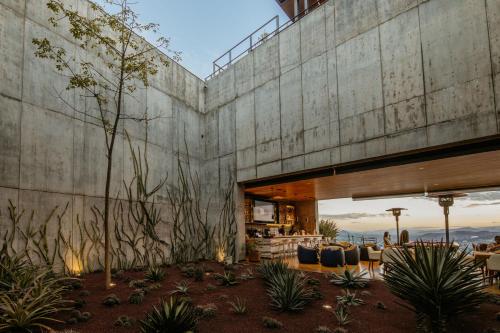 an exterior view of a building with a restaurant at Flavia Hotel in Oaxaca City