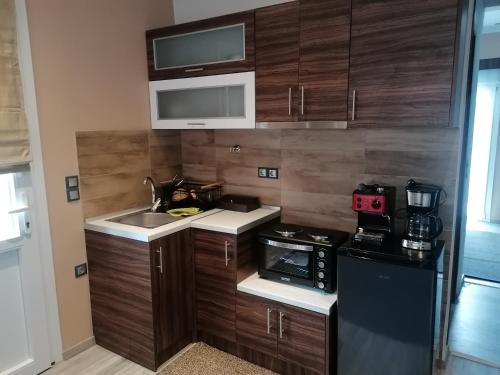 a small kitchen with a sink and a microwave at ΕΚΑLI ROOMS APARTMENTS in Kalentzi