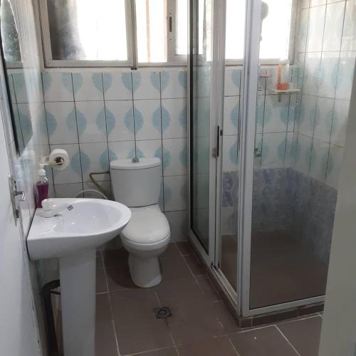 La salle de bains est pourvue de toilettes, d'une douche et d'un lavabo. dans l'établissement Color house meublée sécurisée,100m Maképé palace, à Douala