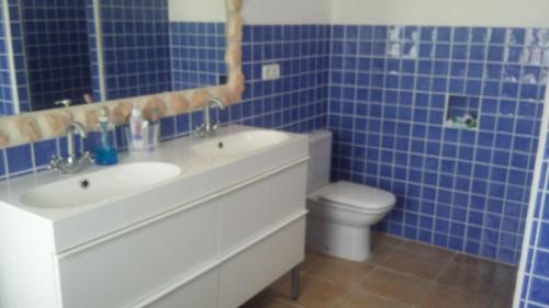 een blauw betegelde badkamer met een wastafel en een toilet bij CASA IDEAL PARA DESCANSO Y TRANQUILIDAD in Fortuna