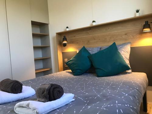 - une chambre avec un lit doté de draps bleus et d'oreillers verts dans l'établissement Le Lodge Premium, à Saint-Léger-sur-Dheune