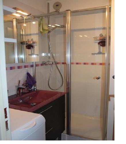 La salle de bains est pourvue d'une douche et d'un lavabo rouge. dans l'établissement Montagne, Nature et Rando, à Les Prés