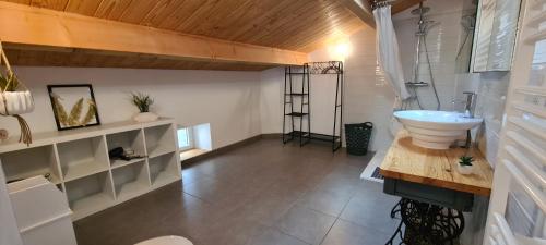 une salle de bain avec un lavabo et des toilettes dans une chambre dans l'établissement Gite le Tilleul Vallon pont d'Arc, à Vallon-Pont-dʼArc