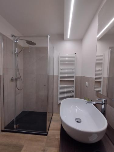 a bathroom with a glass shower and a white sink at La Rondinella Apartments in Bardolino