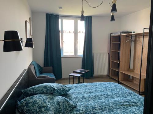 ein Schlafzimmer mit einem Bett und einem Stuhl und einem Fenster in der Unterkunft Gite les Combes Bellevue à Etrez, Appartement à la campagne in Étrez
