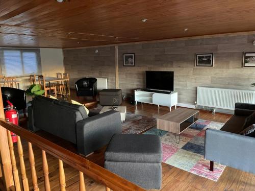 a living room with a couch and a tv at HOTEL VOLKANICO in Curacautín