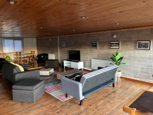 a living room with two couches and a television at HOTEL VOLKANICO in Curacautín