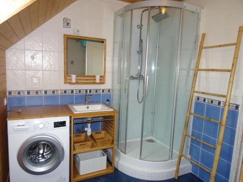 y baño con ducha y lavadora. en Cottage, Plouhinec, en Plouhinec