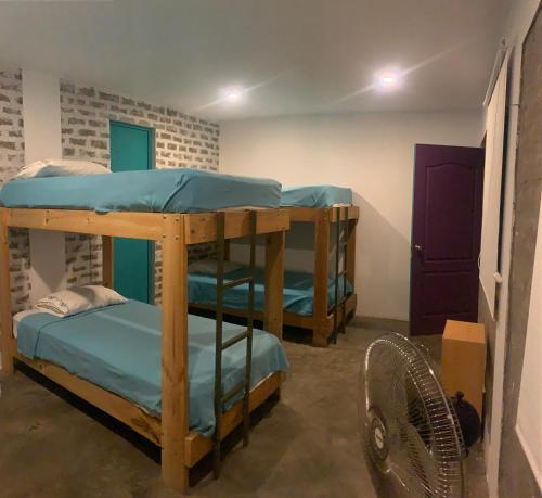 two bunk beds in a room with blue walls at The Upcycled Hostel Huacachina in Ica