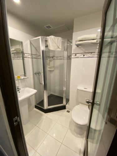 a bathroom with a shower and a toilet and a sink at Trinity Hotel in Wellington