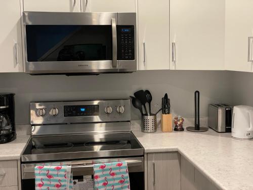 a kitchen with a stove with a microwave above it at Hamm Suite in Saskatoon
