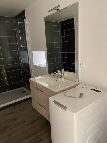 a bathroom with a sink and a toilet and a mirror at La Bulle du Quinze in Mazaye