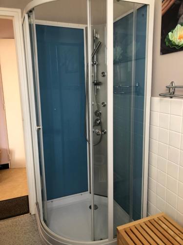 La salle de bains est pourvue d'une douche avec une porte en verre. dans l'établissement Appartement bagnoles, à Bagnoles-de-l'Orne