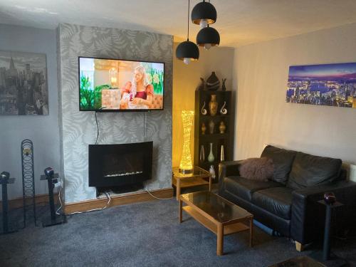 salon z kanapą i telewizorem z płaskim ekranem w obiekcie Trevor And The Cats w mieście Mansfield