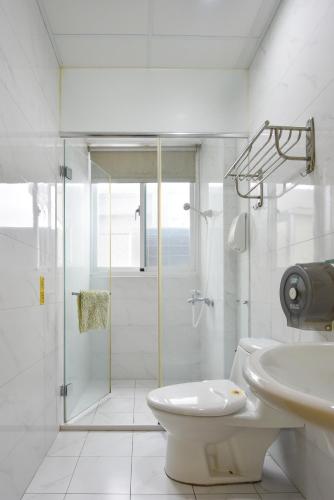 a bathroom with a shower and a toilet and a sink at Siang Jhan B&B in Taitung City