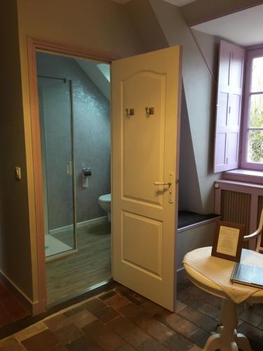 a bathroom with a shower and a glass door at Le Clos Mony in Chenonceaux