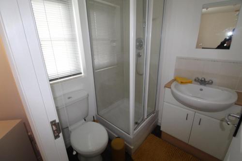 a bathroom with a shower and a toilet and a sink at AMAZING 8 PERSON 3 BEDROOM 3 BATHROOM HOUSe in Hull