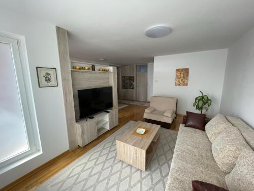 een woonkamer met een bank en een salontafel bij New Belgrade apartment in Belgrado
