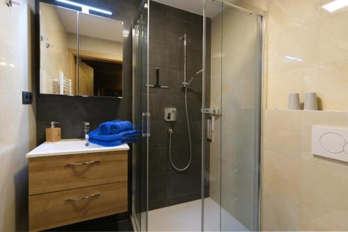 a bathroom with a shower with a sink and a mirror at Appartements Wolf in Leutasch