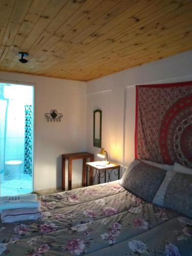 een slaapkamer met een bed en een houten plafond bij Hospedagem Namastê in Visconde De Maua