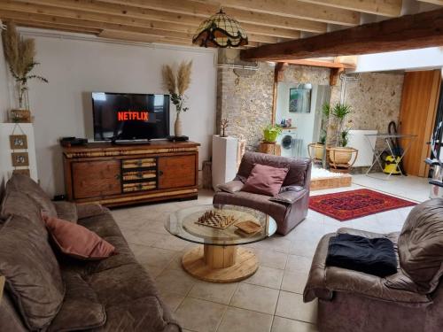 een woonkamer met 2 banken en een tv bij Le Clos du Lys in Châlons-en-Champagne