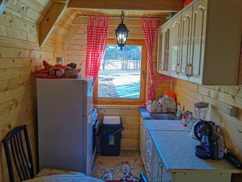 eine kleine Küche mit einem Kühlschrank und einem Fenster in der Unterkunft Breeze Home Cottage in Cetinje